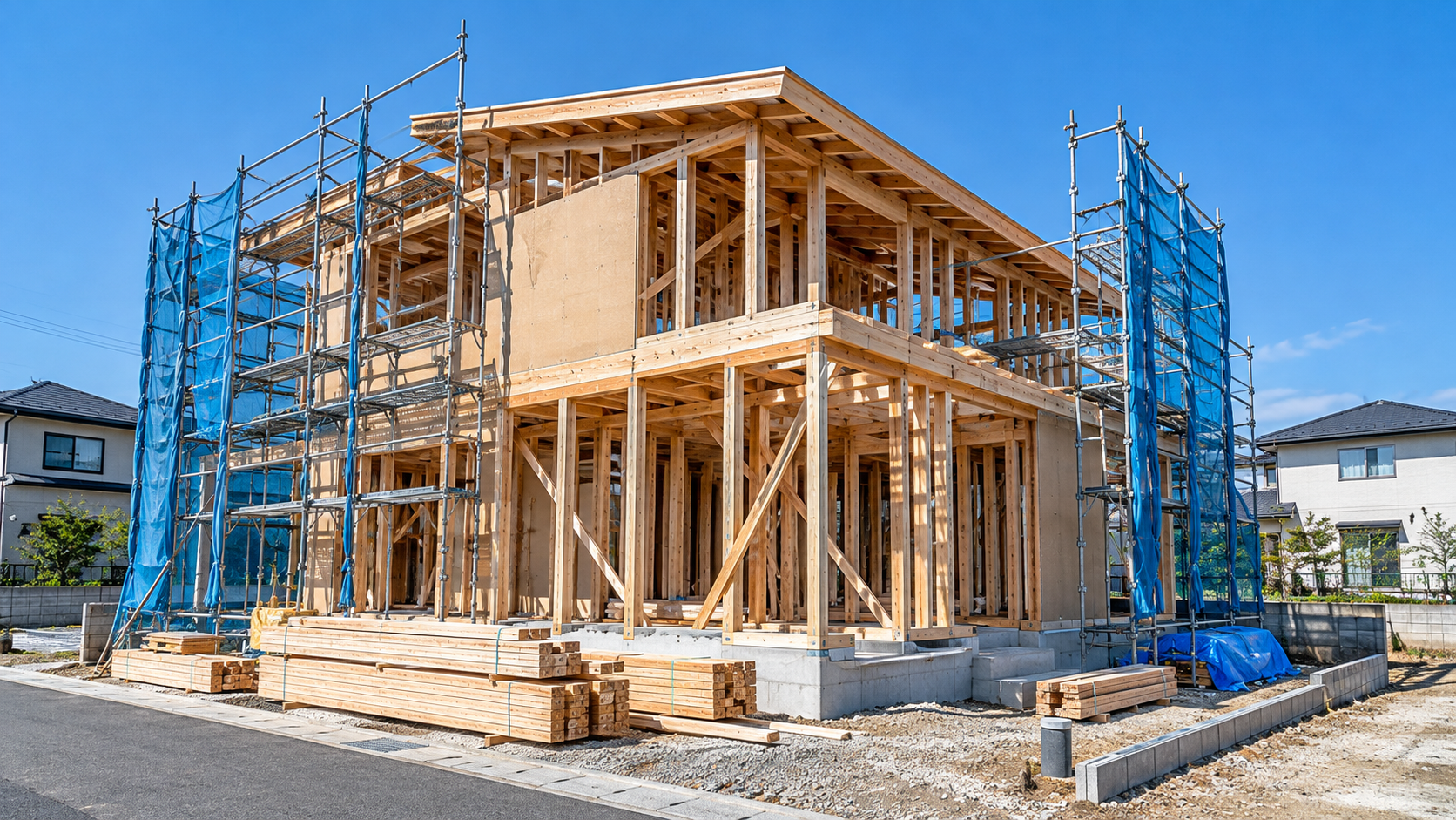 柱や梁、足場が見える建築途中の2階建て住宅のイメージ